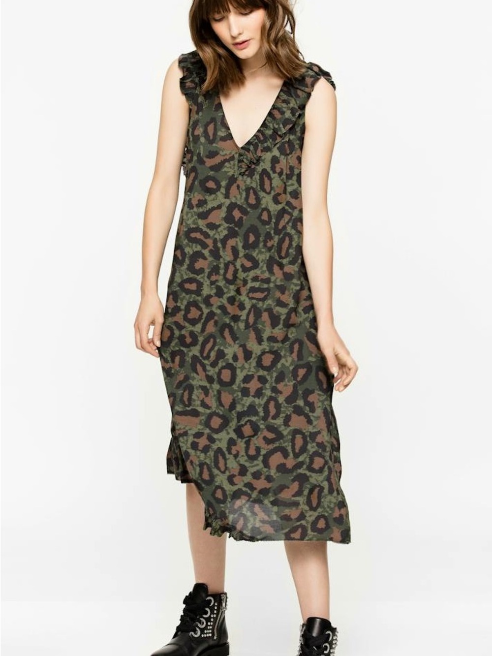 Zadig & Voltaire Rebelle Leo Green Leopard Ruffle Midi Dress Size S